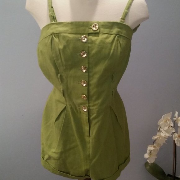 Twelve by Twelve Chartreusse short  romper with gold buttons and pockets - Picture 1 of 3